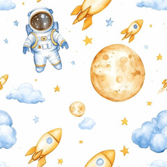  Adventurous cosmic journey through stars and planets with rockets and an astronaut in a seamless pattern. Seamless pattern. Generative AI