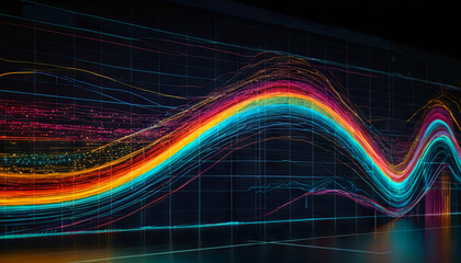Poster - Colorful wave patterns represent complex data in a high-tech setting, utilizing bright hues and smooth curves to convey information visually