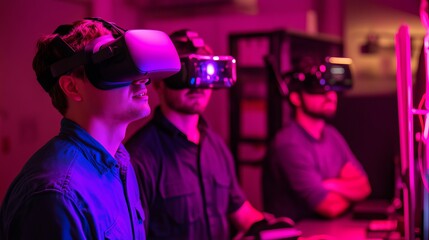 Poster - Immersive Virtual Reality Experience Three Men Using Modern VR Headsets Futuristic Technology Digital Innovation Advanced Gaming Purple Neon Lighting 