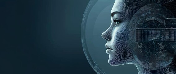 Poster - A 3D rendering of an abstract glowing digital profile set against a blue background, incorporating binary code and a mockup space, symbolizing ID and digital transformation concepts