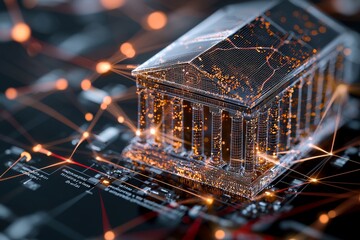 Poster - The concept of online banking and transactions is represented by a 3D rendering of a glowing blue digital bank icon on a blue background with a mock-up area