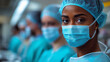 © kodidesign - Young African Female Surgeon in Blue Scrubs and Face Mask Preparing for Surgery in a Modern Operating Room for Healthcare, Medical Education, and Hospital Promotions