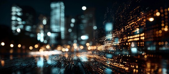 Poster - The global telecommunication network spans the entire world, set against a backdrop of modern cityscapes and wireless communication