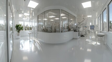 Poster - A wide shot captures the Bright Advanced Semiconductor Production Fab Cleanroom featuring a functioning overhead wafer transfer system