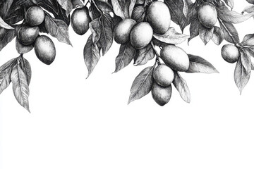 Black and white illustration of mangoes hanging from a tree branch with detailed leaves and fruit clusters.
