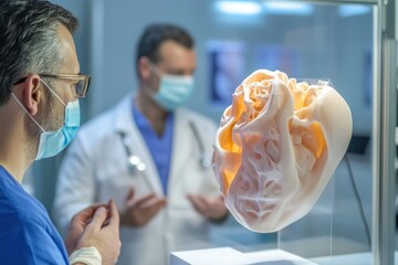 Poster - medical professionals study a 3d model of a human heart in a healthcare facility