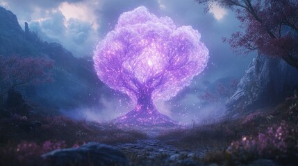 Poster - In a tranquil meadow, a magnificent luminous tree stands tall, radiating vibrant purple hues as twilight settles in, merging nature with magic in a breathtaking display of light