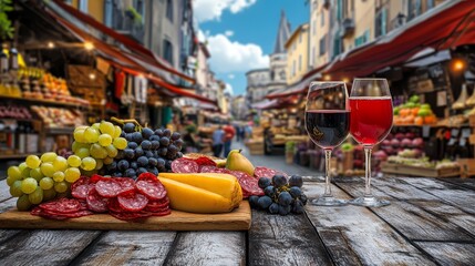 Italian countryside, vibrant market street with wine and gourmet treats