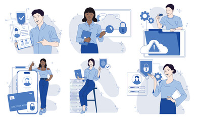 Poster - People managing cybersecurity with digital elements on a white background. Concept of digital security. Vector illustration