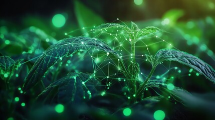 Poster - Vibrant Green Plant Leaves Illuminated Digital Network Connections Futuristic Technology Nature Background Abstract Green Botanical Science Ecology   
