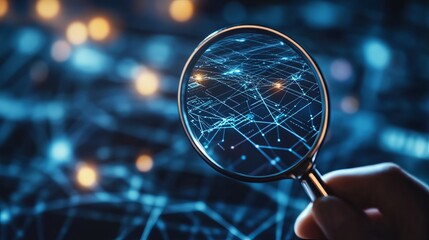 Poster - Digital Network Map Under Magnifying Glass Detailed Technology Abstract Futuristic Blue Glowing Lines Data Visualization Modern Innovation Concept    