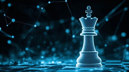 Poster - Digital Chess Queen Piece Abstract Network Strategy Game Blue Technology Innovation Futuristic Business Leadership Powerful Concept Design Background 