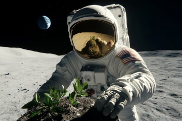 man in a space suit is planting a seedling on the moon