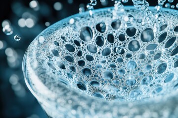 Poster - Bubbles and water droplets create an abstract pattern in a clear glass vessel in focus