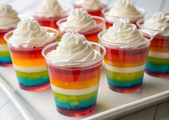 Poster - A tray filled with a variety of colorful jello shots, each topped with a dollop of whipped cream. The jello is a vibrant mix of red, orange, yellow, green, blue, and purple, and the whipped cream is a
