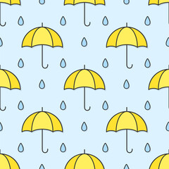Wall Mural - Yellow umbrellas and blue raindrops on soft pastel background. Vector seamless pattern.