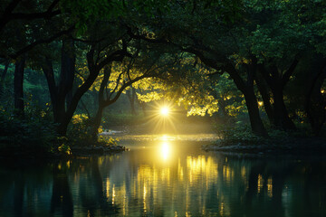 Wall Mural - Serene forest scene with sunlight streaming through trees, reflecting on a calm pond, creating a peaceful and mystical atmosphere.