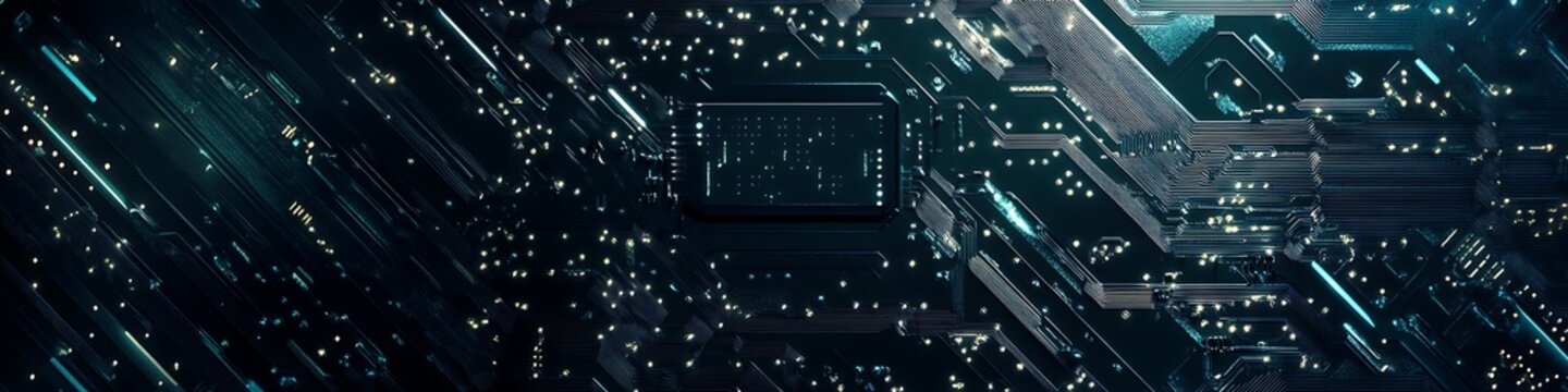 A futuristic circuit board pattern with a large dark area for text 