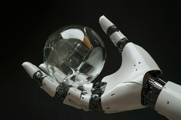 Poster - Robotic hand delicately holding a crystal sphere in a dimly lit environment