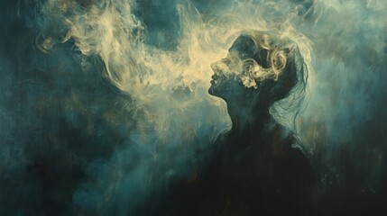 Poster - A captivating silhouette of a woman emerges from the shadows, her visage intertwined with delicate wisps of smoke. This moment, drenched in twilight's hues, evokes a sense of mystery and allure