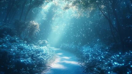 Poster - A serene forest pathway is softly lit by glowing lights as dusk settles in. Blue hues create an enchanting atmosphere filled with tranquility and wonder, inviting exploration