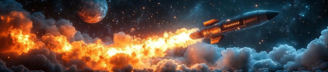 Wall Mural - Rocket soaring through space leaving a trail of fire with distant planets and colorful clouds in the background. Generative AI
