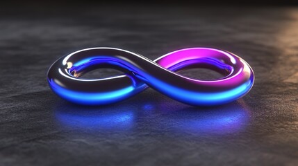 Poster - An isolated 3D abstract figure made of glossy blue chrome metal, rendered as a liquid shape on a black background. This holographic bubble design symbolizes infinity and eternity, offering a modern