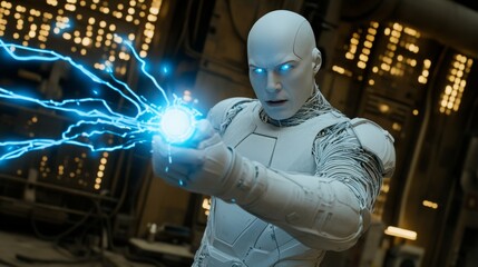 Poster - A white and blue chrome AI robot, depicted in a friendly cartoon style through 3D rendering, stands against a futuristic backdrop. This image conveys technology innovation, cyber machinery, and