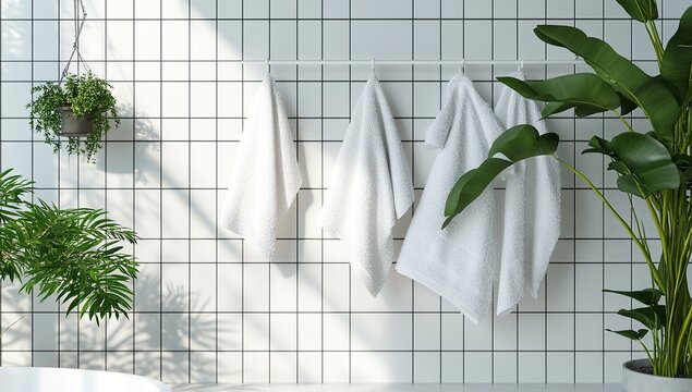 A white bathroom with grid-tiled walls, in a minimalist style, featuring plants and white hanging towels