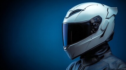 Wall Mural - A white helmet with a dark visor, sleek and futuristic in design, is displayed prominently against a gradient blue background, emphasizing a smooth, symmetrical, and high-tech aesthetic