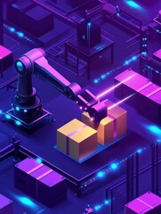 Poster - isometric automated robot arms. smart automated robotic arms holding box in a warehouse. modern logi