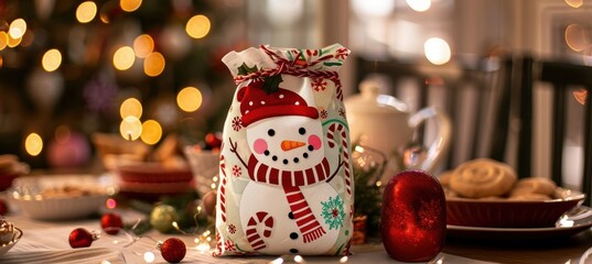 Wall Mural - Festive Holiday Snack Pouch with Snowman and Candy Cane Design for Christmas Table Decor