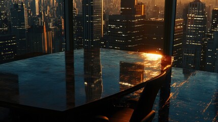 Poster - Modern Office with Urban Views at Dusk