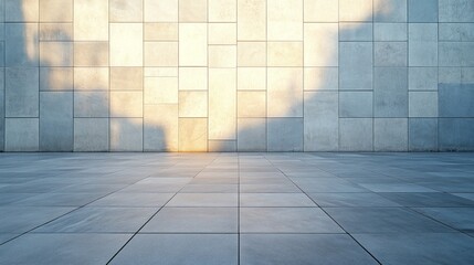 Fototapete - The expansive plaza features a smooth stone tiled surface that reflects soft light, while large stone walls rise around it, creating an atmosphere of serenity and stillness that inspires meditation