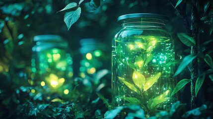 Poster - Glowing Plant in Glass Jar Futuristic Nature Scene Vibrant Green Leaves Illuminated Digital Art Technology Bio Luminescent Botanical Illustration Eco 