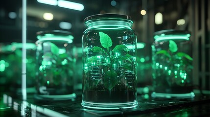 Poster - Futuristic Green Plant Growing in Glass Jar Science Technology Laboratory Research Bio Luminescent Neon Light Botanical Experiment Nature 3d stem soil