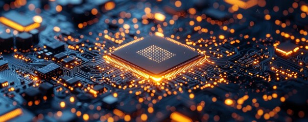 Poster - abstract glowing circuit board with futuristic highlighted components