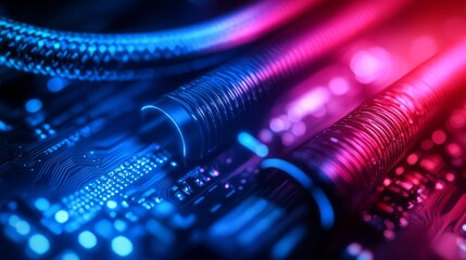 Poster - Intelligent technology, neural network graphic. Big data protection. Data stream, modern data center with lit cables and connectors