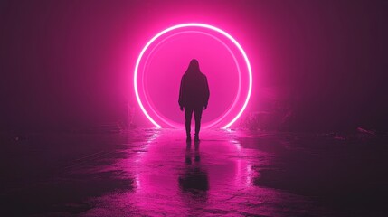Wall Mural - a luminous, ethereal figure adorned with neon-lit hoops illuminates the dark expanse, surrounded by 