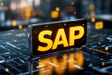 Poster - SAP - Software for automating business processes, a futuristic digital interface with luminous elements and technology symbols