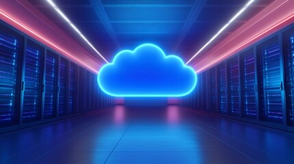 Poster - A high-tech cloud storage facility with a radiant cloud glowing in the dark