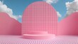 © MKS - A 3D rendered surreal abstract background featuring pastel blue and pink hues, with geometric arches and a futuristic, minimalistic, modern stage designed for product display presentations