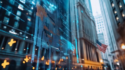 Poster - digital stock market data display cityscape financial technology abstract blue orange glowing urban 