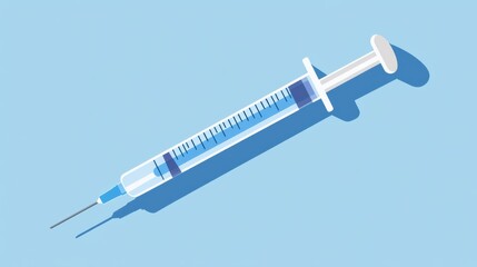 Poster - Syringe resting on a blue background reflecting medical and clinical contexts for vaccinations or treatments. Generative AI