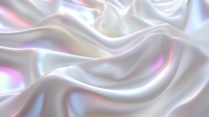 Wall Mural - A futuristic banner featuring abstract white silk waves, set against a y2k-inspired background with a holographic soft chrome effect in blue and pink. The pearlescent metal surface creates a retro