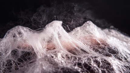 Close-up of a delicate, white spiderweb, glistening under light. Intricate texture, dark background.