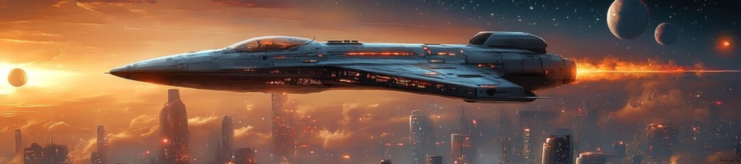 Wall Mural - Sleek chrome spaceship soaring above a futuristic metropolis at sunset. Generative AI