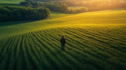 Poster - Beneath a golden sunset, a farmer stands quietly in verdant fields, reflecting on the fruits of labor. The rolling terrain showcases a thriving landscape, rich with life and potential