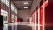 © Suhaidi - Spacious modern warehouse interior with red accents, natural light, and shadows creating depth