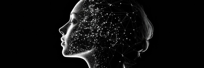 Fototapete - Silhouette of a human head illuminated by interconnected AI nodes and fractal patterns in a cosmic cyberpunk background. Generative AI